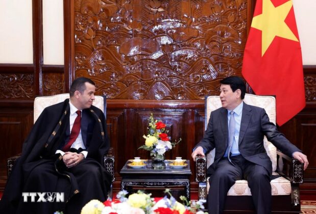 Chủ tịch nước Lương Cường tiếp Đại sứ Cộng h&ograve;a D&acirc;n chủ Nh&acirc;n d&acirc;n Algeria tại Việt Nam Azeddine Bechka.