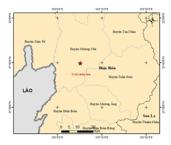 Bản đồ khu vực bị động đất mạnh 5 độ ở Điện Biên. 