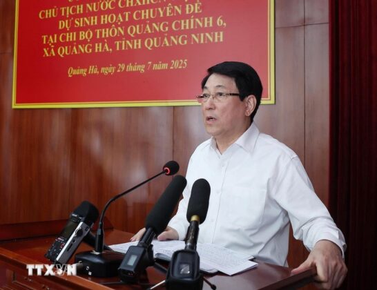 Chủ tịch nước Lương Cường ph&aacute;t biểu tại sinh hoạt chuy&ecirc;n đề của Chi bộ th&ocirc;n Quảng Ch&iacute;nh 6, x&atilde; Quảng H&agrave;. (Ảnh: L&acirc;m Kh&aacute;nh/TTXVN)
