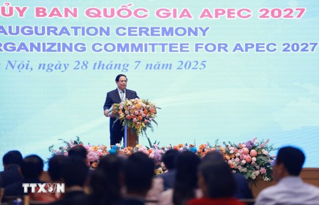 Thủ tướng Phạm Minh Ch&iacute;nh ph&aacute;t biểu tại Lễ c&ocirc;ng bố th&agrave;nh lập Ủy ban Quốc gia Diễn đ&agrave;n hợp t&aacute;c ch&acirc;u &Aacute; - Th&aacute;i B&igrave;nh Dương 2027 (APEC 2027). (Ảnh: Dương Giang/TTXVN)