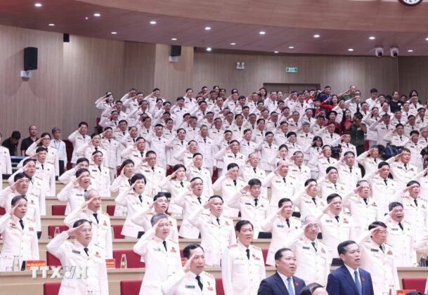 C&aacute;c đại biểu thực hiện nghi lễ ch&agrave;o cờ. (Ảnh: Thống Nhất/TTXVN)
