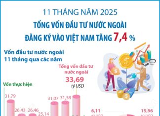 11 tháng năm 2025, tổng vốn đầu tư nước ngoài đăng ký vào Việt Nam tính đến ngày 30/11/2025 bao gồm: Vốn đăng ký cấp mới, vốn đăng ký điều chỉnh và giá trị góp vốn, mua cổ phần của nhà đầu tư nước ngoài đạt 33,69 tỷ USD, tăng 7,4% so với cùng kỳ năm trước.