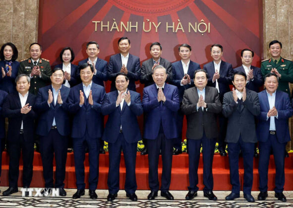 Tổng B&iacute; thư T&ocirc; L&acirc;m, Thủ tướng Phạm Minh Ch&iacute;nh, Chủ tịch Quốc hội Trần Thanh Mẫn v&agrave; c&aacute;c đại biểu. (Ảnh: Thống Nhất/TTXVN)