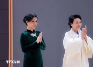 Phu nhân Ngô Phương Ly gặp gỡ, trao đổi với Phu nhân Bành Lệ Viên